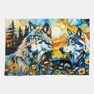 Linge De Cuisine Loups gris et Fleurs sauvages