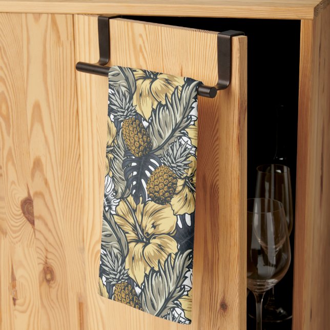 Linge De Cuisine Luxe Elegant Or N' Black Tropical Flowers (Pliage en tiers)
