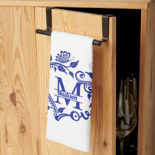 Linge De Cuisine M de monogramme floral bleu et blanc 