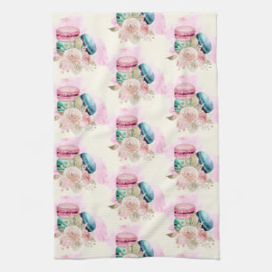 Linge De Cuisine Macarons et fleurs colorés Motif d'aquarelle