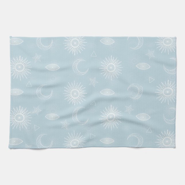Linge De Cuisine Magical White Moon Sun Stars Blue pattern (Horizontal)