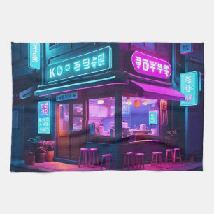 Linge De Cuisine Maison de café néon coréenne LoFi Art 