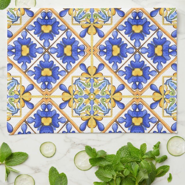Linge De Cuisine Majolica, tuiles méditerranéennes, (Plié)
