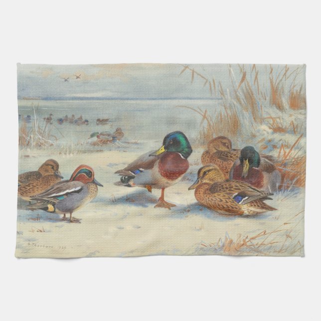 Linge De Cuisine Mallard et turquoise dans la neige, Oiseaux (Horizontal)