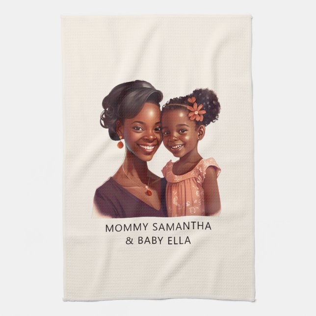 Linge De Cuisine Maman et fille noire personnalisée (10) (Vertical)