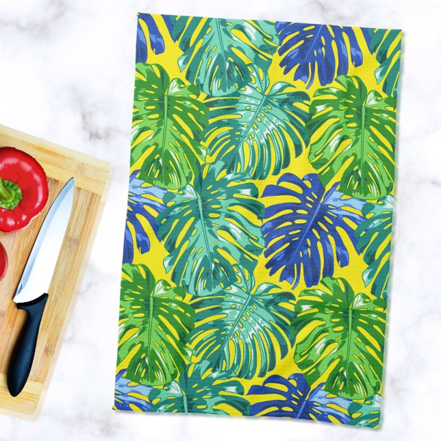 Linge De Cuisine Maman Été Tropical Feuilles Vert Jaune (Mockup of full kitchen towel on marble countertop)