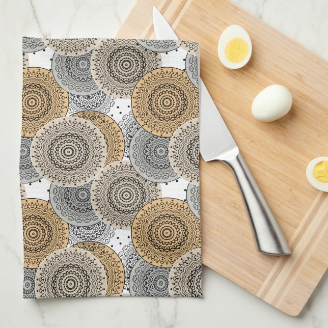 Linge De Cuisine Mandala arabe motif gris beige à l'orientale (Quart Plié)