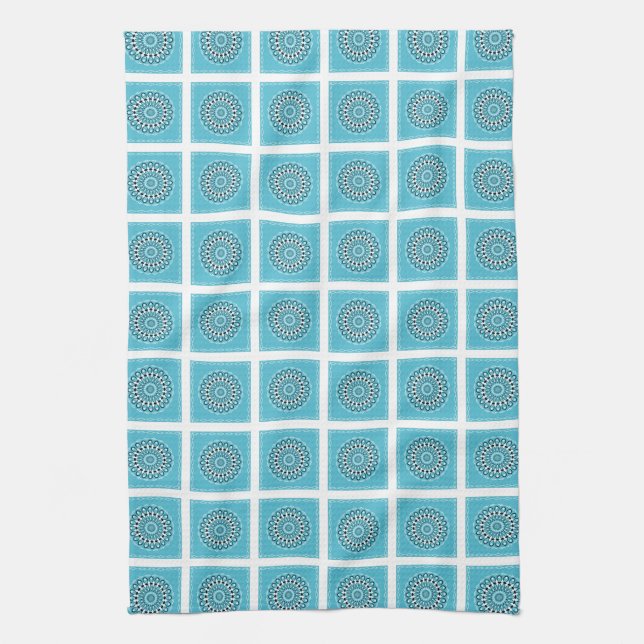 Linge De Cuisine Mandala Kaleidoscope Turquoise Bordure blanche (Vertical)