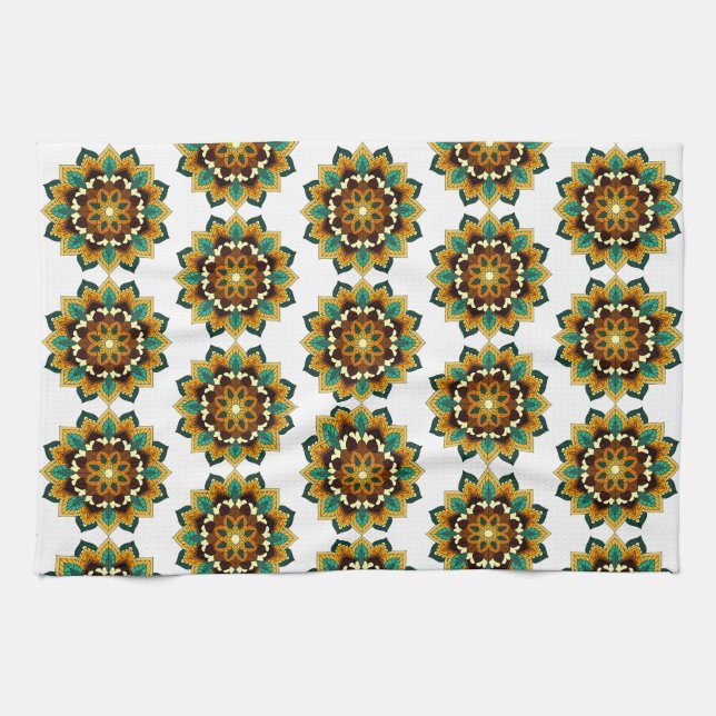 Linge De Cuisine Mandala Motif 2002 en tea jaune & tan (Horizontal)