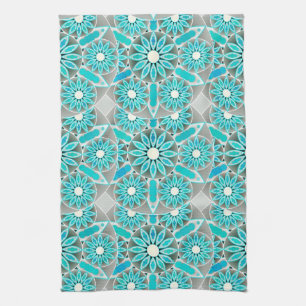 Linge De Cuisine Mandala Motif, Turquoise, gris argenté et blanc