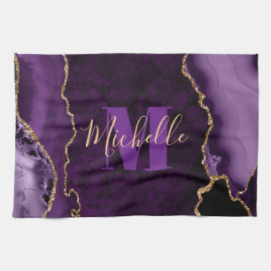 Linge De Cuisine Marbre Agate Monogramme Pailleté Or et Violet