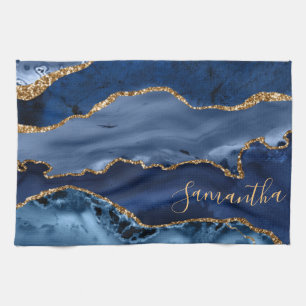 Linge De Cuisine Marbre agate pailleté bleu et or faux