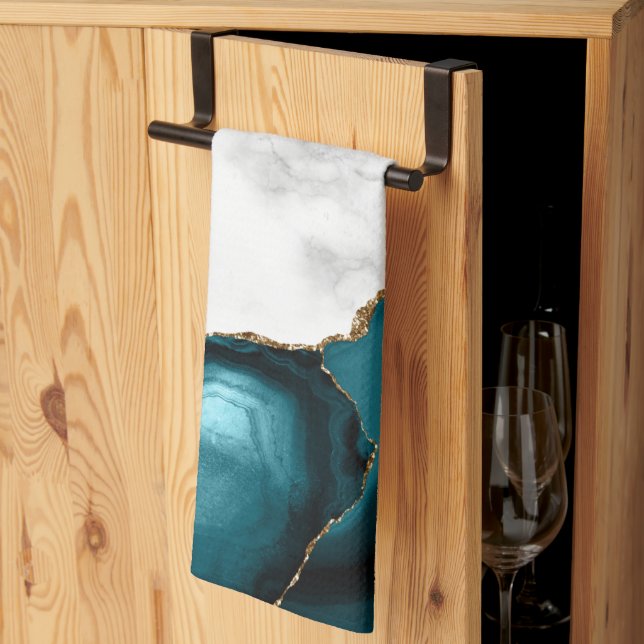 Linge De Cuisine Marbre blanc doré Turquoise Bleu Agate (Pliage en tiers)