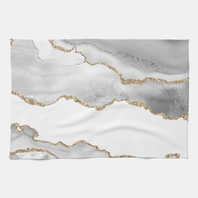 Linge De Cuisine Marbre blanc gris Agate Parties scintillant dorée  (Horizontal)
