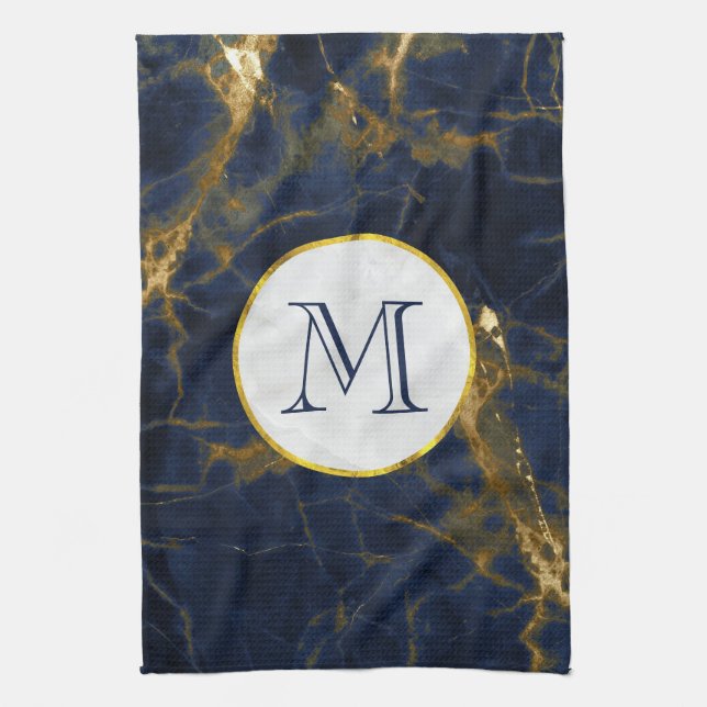 Linge De Cuisine Marbre bleu marine et or Marbre moderne Monogramme (Vertical)