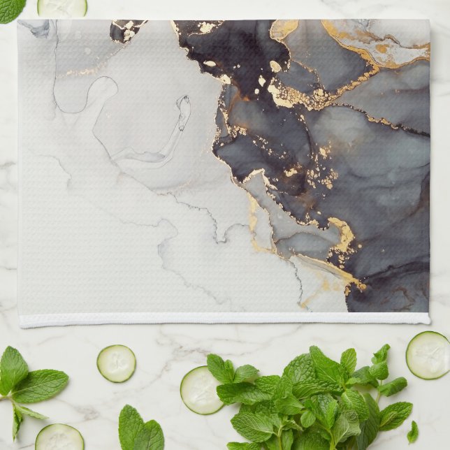 Linge De Cuisine Marbre noir blanc or (Plié)