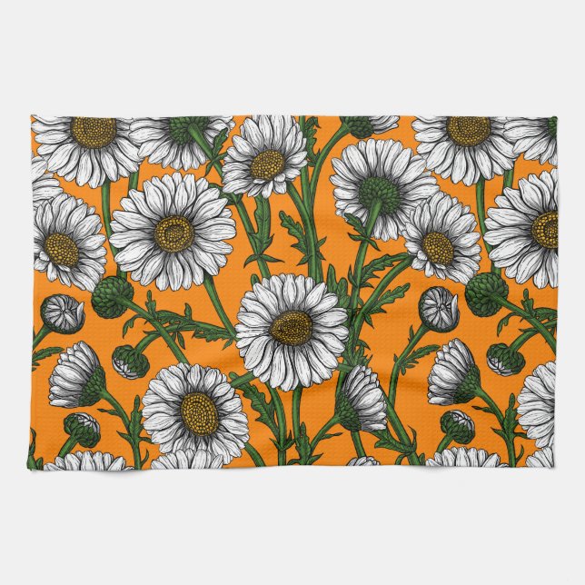 Linge De Cuisine Marguerites sur orange (Horizontal)