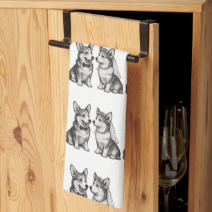 Linge De Cuisine Mariage de Corgi Vintage Noir et Blanc Fantaisiste