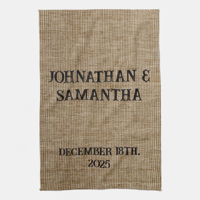 Linge De Cuisine Mariage personnalisé rustique burlap motif nature (Vertical)