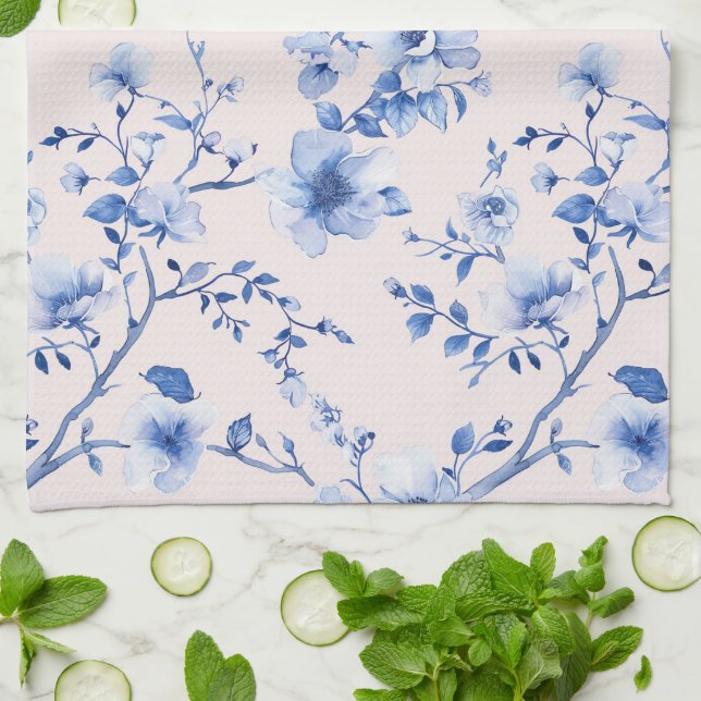 Linge De Cuisine Mariage Romantique Teint Rose Fleurs Bleues (Plié)