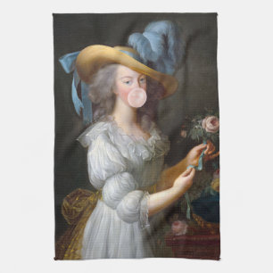 Linge De Cuisine Marie Antoinette soufflant une gomme à bulle rose