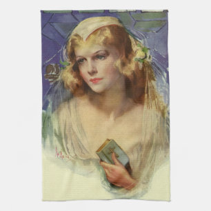 Linge De Cuisine Mariée vintage tenant une Bible, mariage religieux
