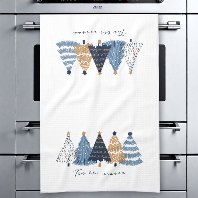 Linge De Cuisine Marine Arbres Bleus Moderne Simple Noël (Navy Blue Trees Modern Simple Christmas Holiday Kitchen Towel)