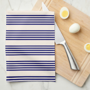 Linge De Cuisine Marine bleu et beige cinq bandes motif