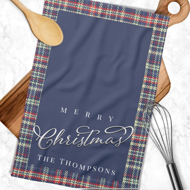 Linge De Cuisine Marine Bleu Joyeux Noël Plaid Custom (Merry Christmas custom plaid kitchen towel.)