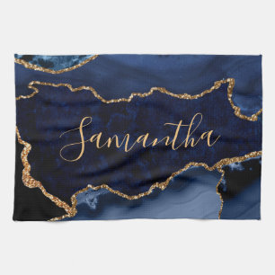 Linge De Cuisine Marine Blue et Faux Gold Parties scintillant marbr