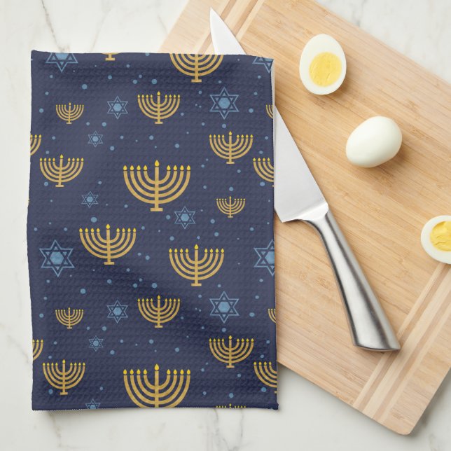 Linge De Cuisine Marine Blue & Gold Hanoukka Menorah Motif (Quart Plié)