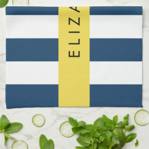 Linge De Cuisine Marine Blue Stripes, Motif rayé, Votre nom