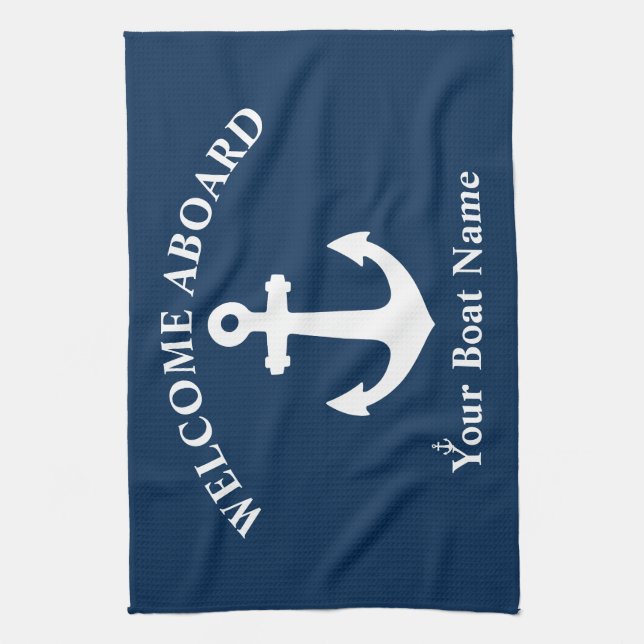 Linge De Cuisine Marine Blue Welcome Aboard Nom du bateau Ancre nau (Vertical)