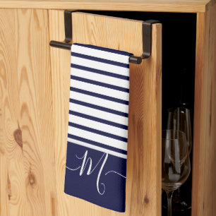 Linge De Cuisine Marine marine Bleu blanc rayé Monogramme initial