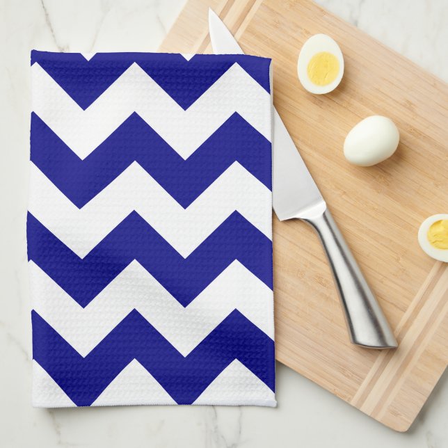 Linge De Cuisine Marine marine moderne bleu blanc Chevron (Quart Plié)