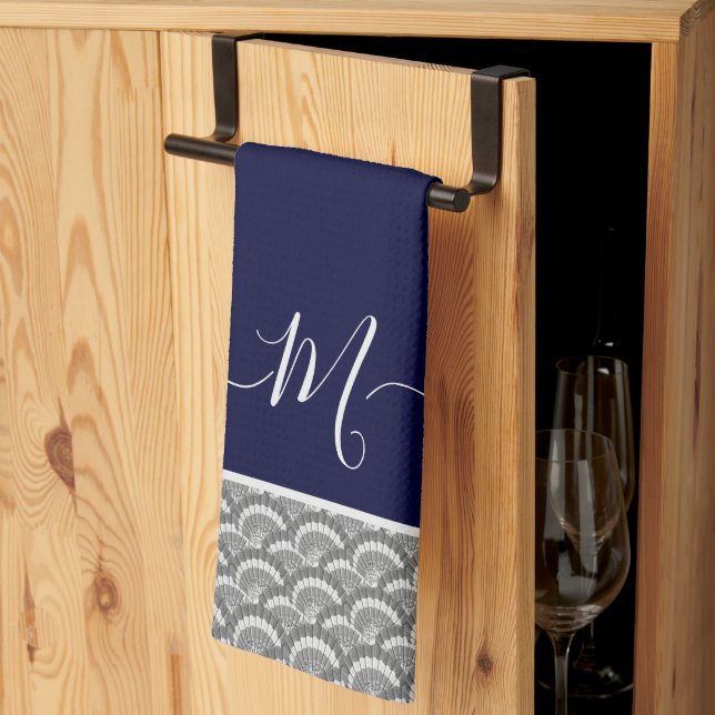 Linge De Cuisine Marques marines bleu gris Coquille Monogramme init (Pliage en tiers)