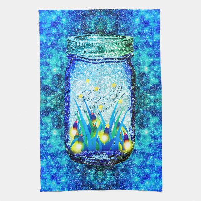Linge De Cuisine Mason bocal éclairs lugubre luciole bleu jaune (Vertical)