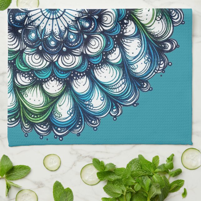 Linge De Cuisine Médaillon bleu vert - Abstrait (Plié)