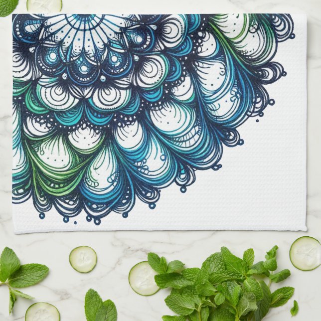 Linge De Cuisine Médaillon bleu vert - Abstrait (Plié)