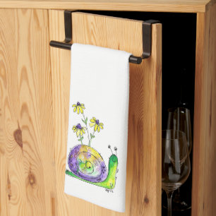 Linge De Cuisine Mélange Whimsical Happy Snail avec Fleurs Jaunes