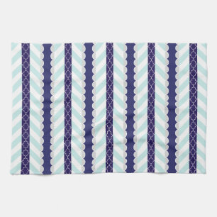 Linge De Cuisine Menthe, bleu marine, motif rayé géométrique blanc