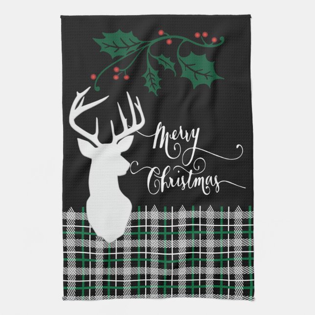 Linge De Cuisine Merry Christmas Deer - Green Plaid (Vertical)