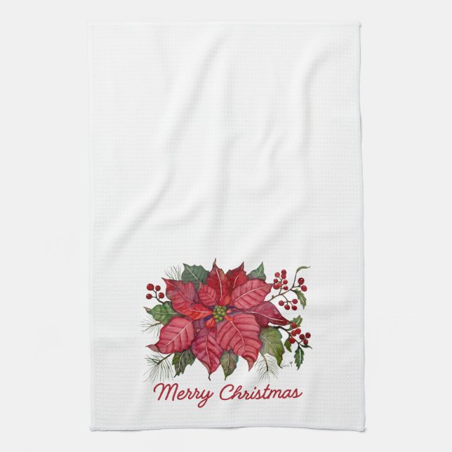 Linge De Cuisine Merry Christmas Poinsettia Kitchen Towel (Vertical)