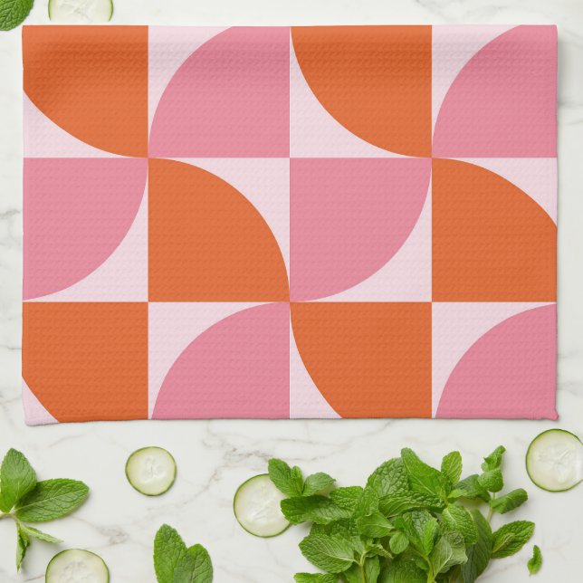Linge De Cuisine Mi-siècle Abstrait Orange et Motif rose (Plié)