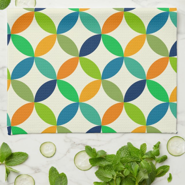 Linge De Cuisine Mi-siècle Cercles Vert Bleu Orange Motif (Plié)