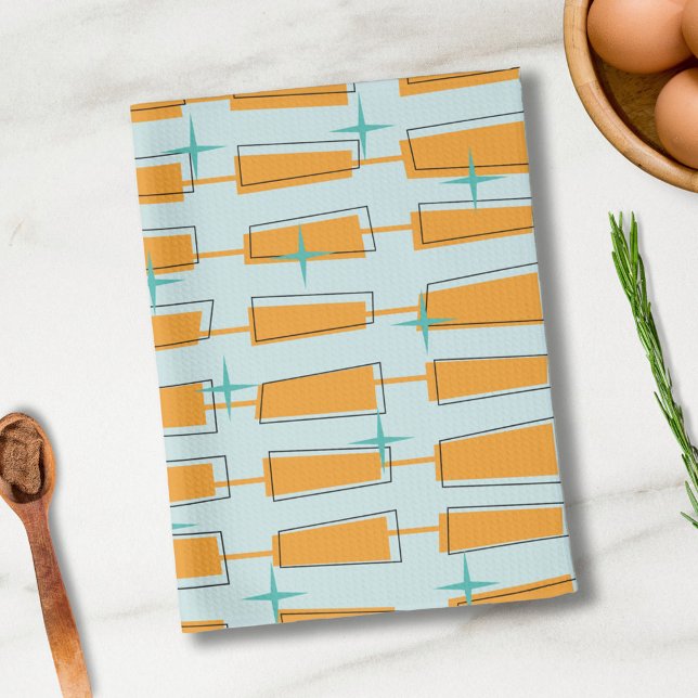 Linge De Cuisine Mi-Siècle Moderne Blocs Atomique Aqua, Orange (Créateur téléchargé)