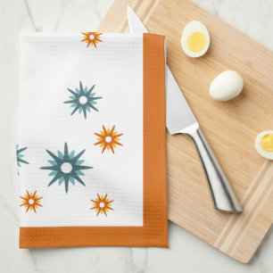 Linge De Cuisine Mi-siècle Moderne Turquoise & Orange Starbursts