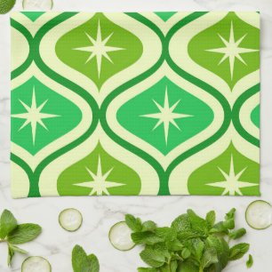 Linge De Cuisine Mi-Siècle Retro Starburs Sur Green Ogee Motif