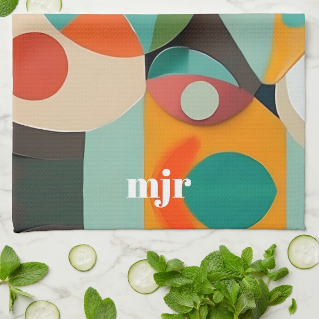 Linge De Cuisine Mid Century Art moderne Monogramme ou nom, géométr (Plié)