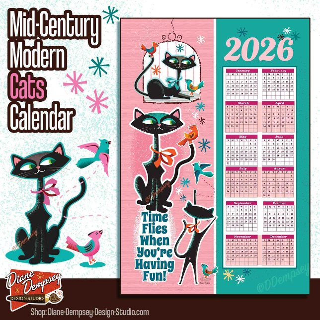 Linge De Cuisine Mid-Century Cats Calendar Kitchen Towel Pink + Aqu (Créateur téléchargé)